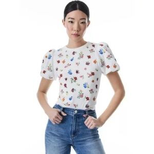Alice+ Olivia Risa Embroidery Puff Sleeve Sweater Top Small